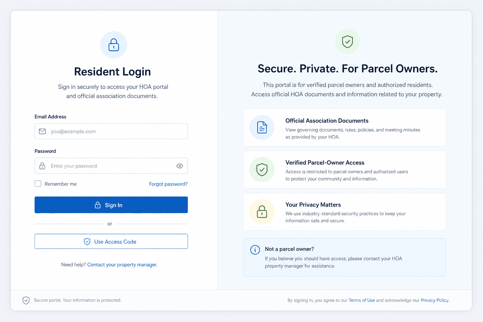Secure resident login screen for protected HOA document access