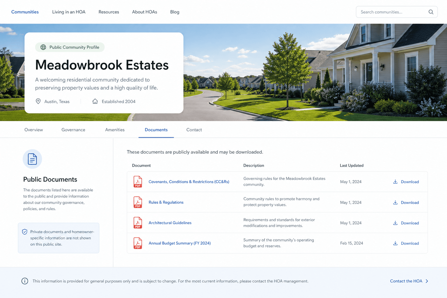 Public HOA profile page with a documents section for selected public files
