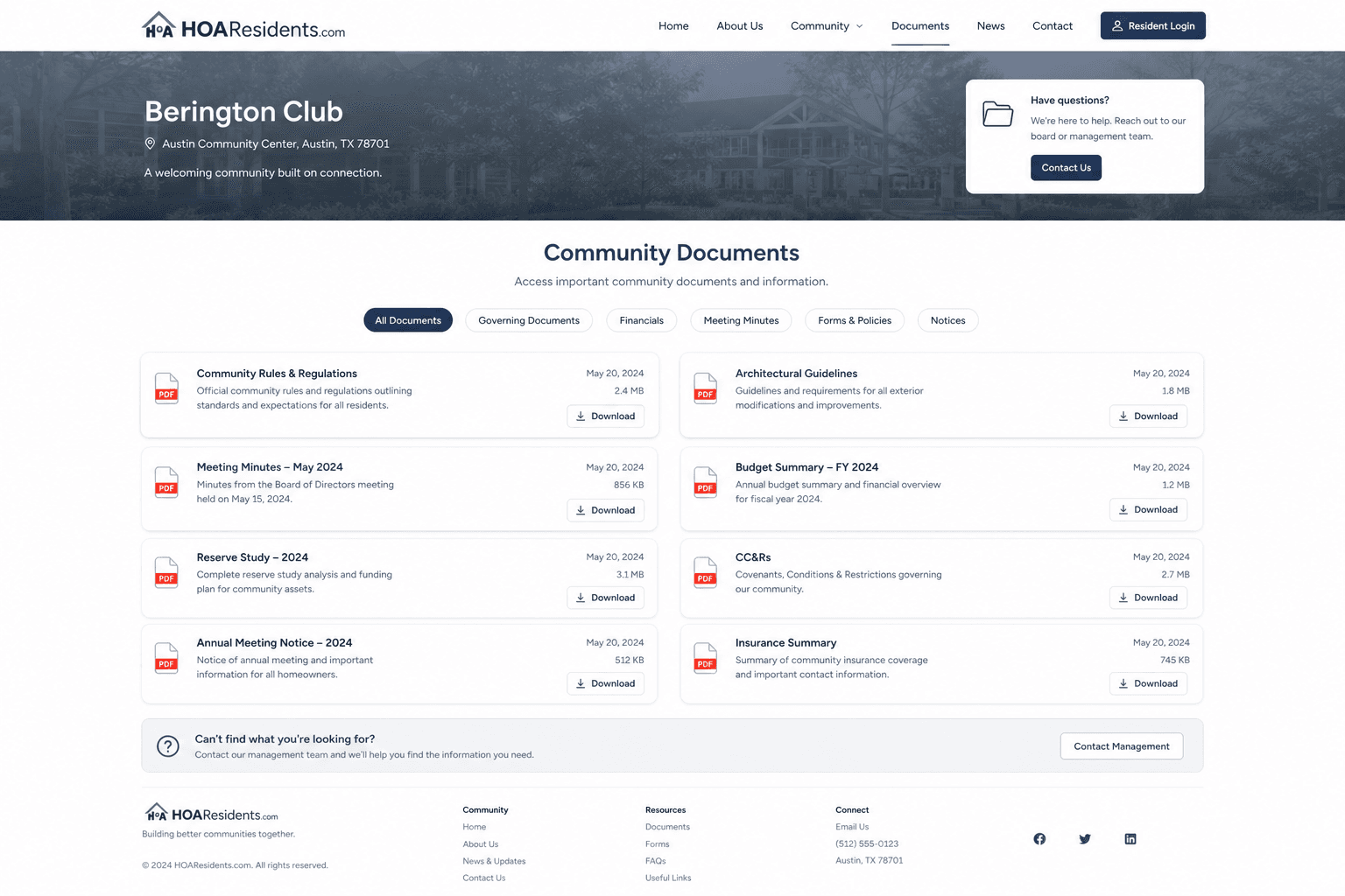 Public website documents section with downloadable PDFs