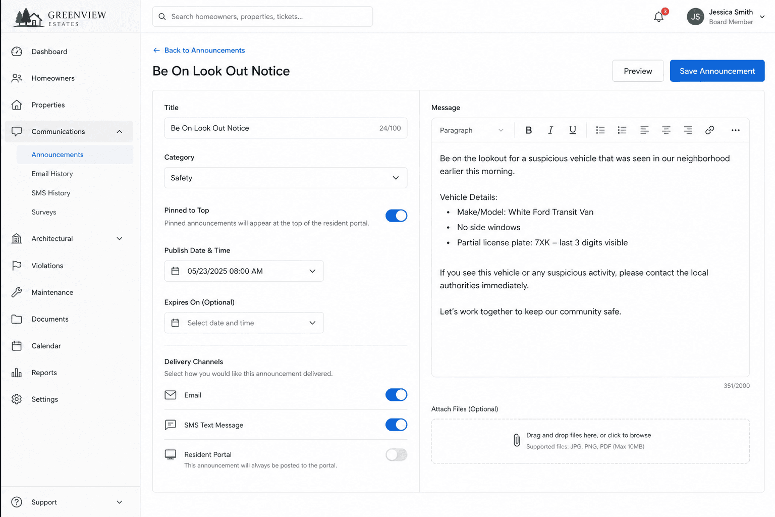 HOA Emergency BOLO form with safety category and channel toggles