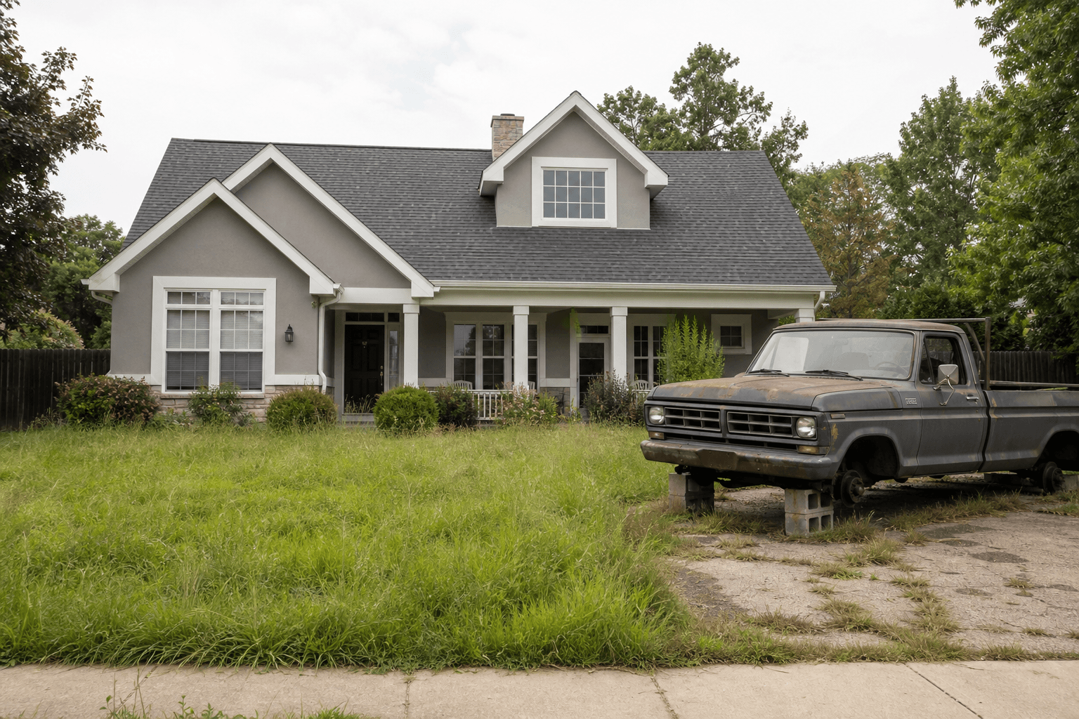 Well-kept suburban house with overgrown front lawn and a rusted pickup truck on cinder blocks in the driveway