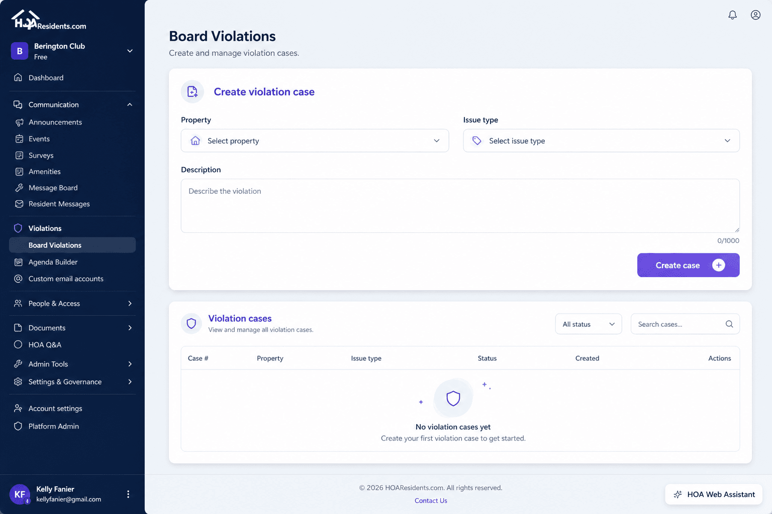 Create violation case form with property and issue type