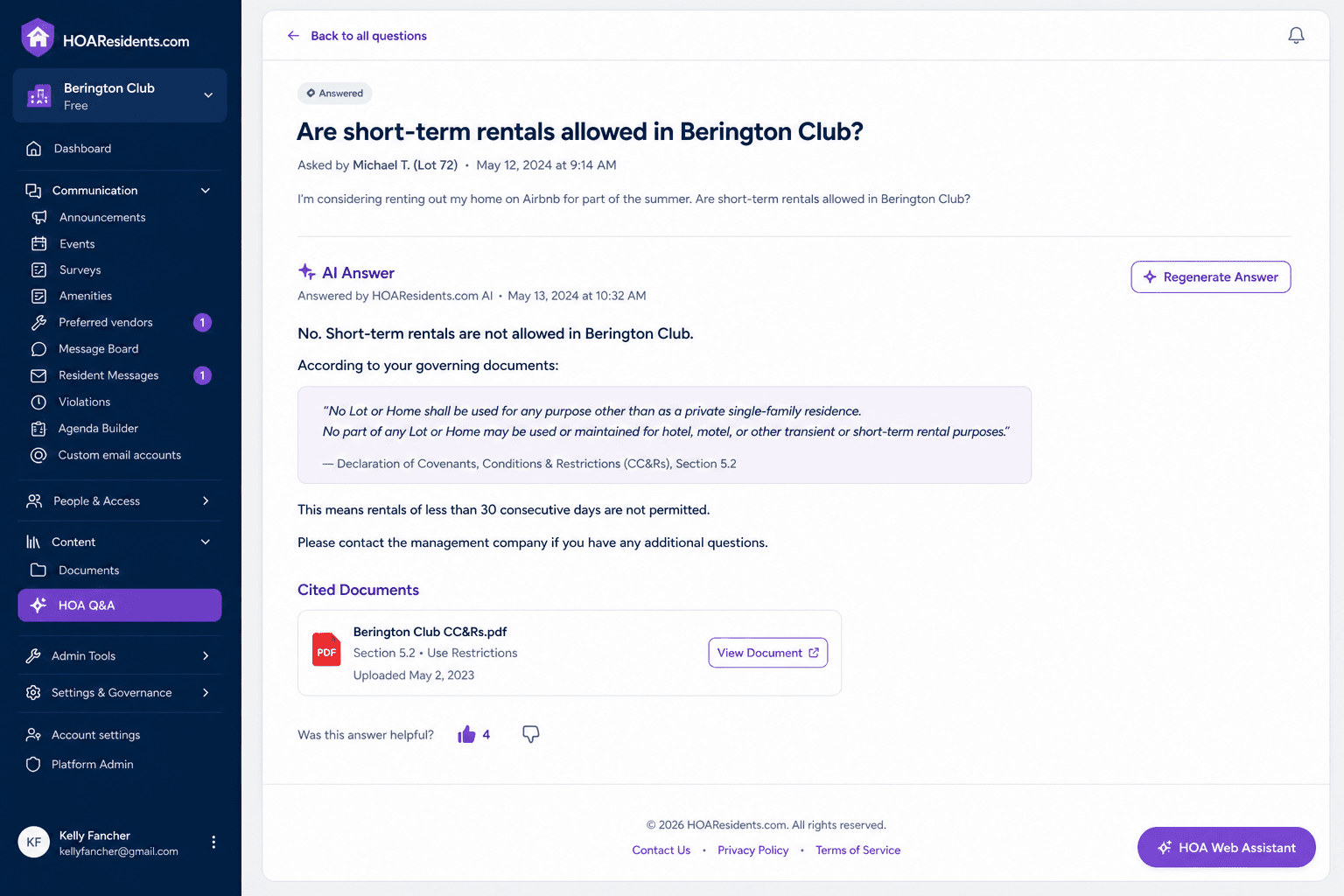 HOA Q&A answer screen with document citations