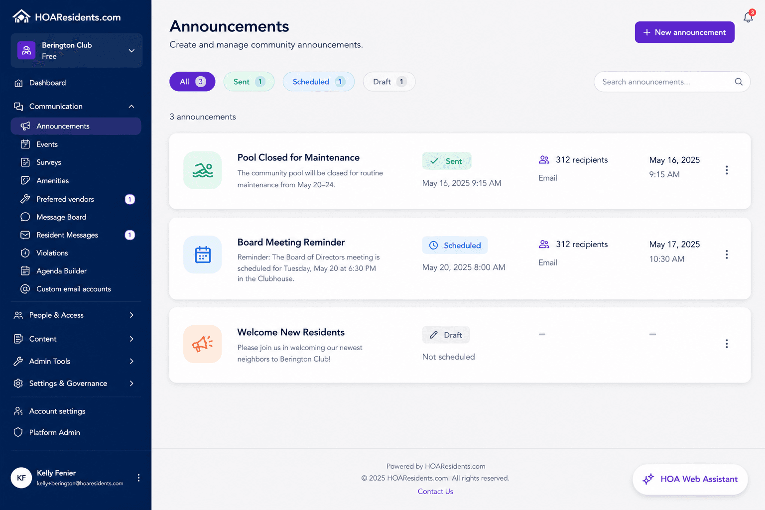 Announcements list with sent scheduled and draft status