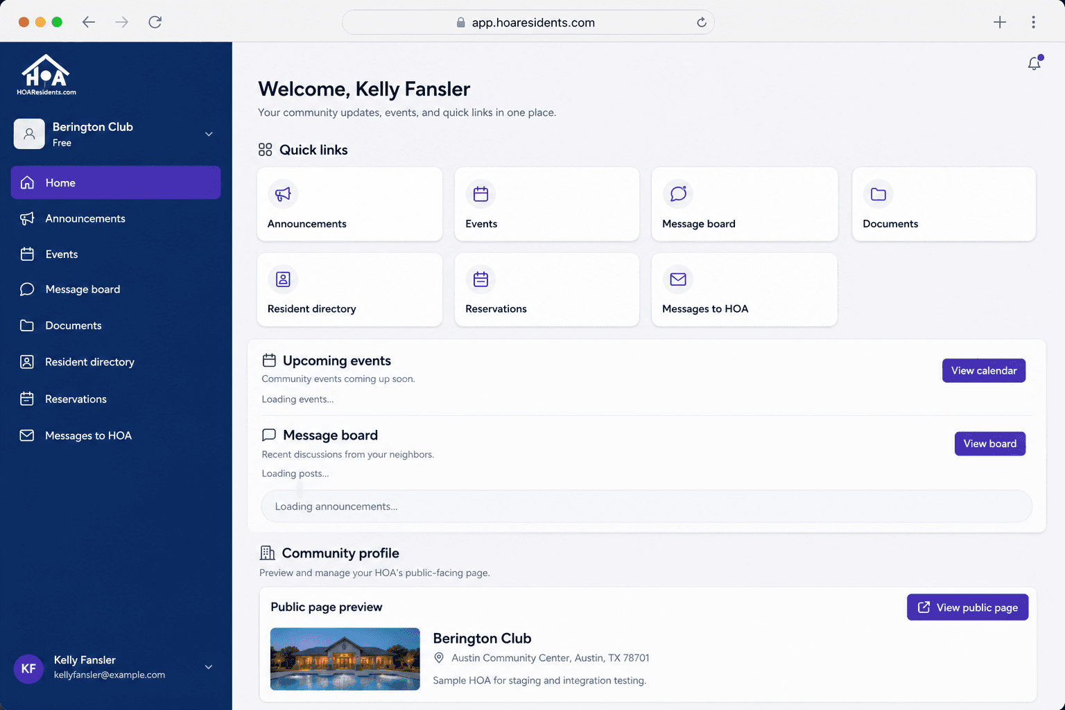 HOAResidents.com resident home with quick links and community profile