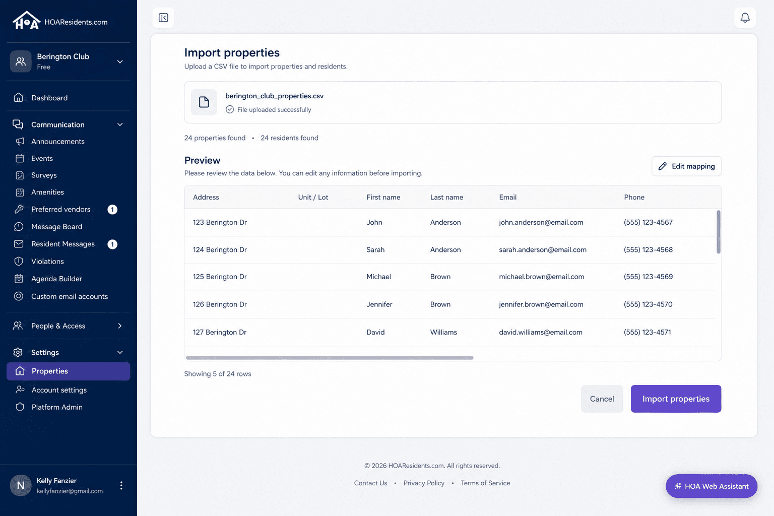 Property CSV import with address and resident email preview table