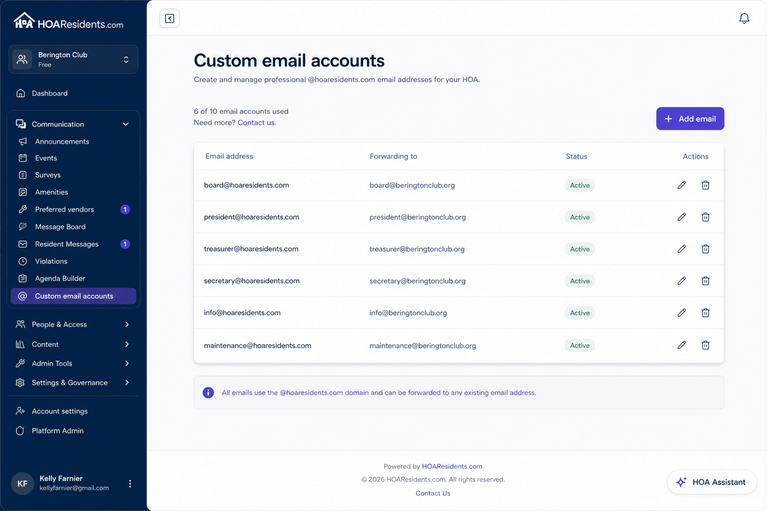 Custom HOA email accounts settings with @hoaresidents.com addresses