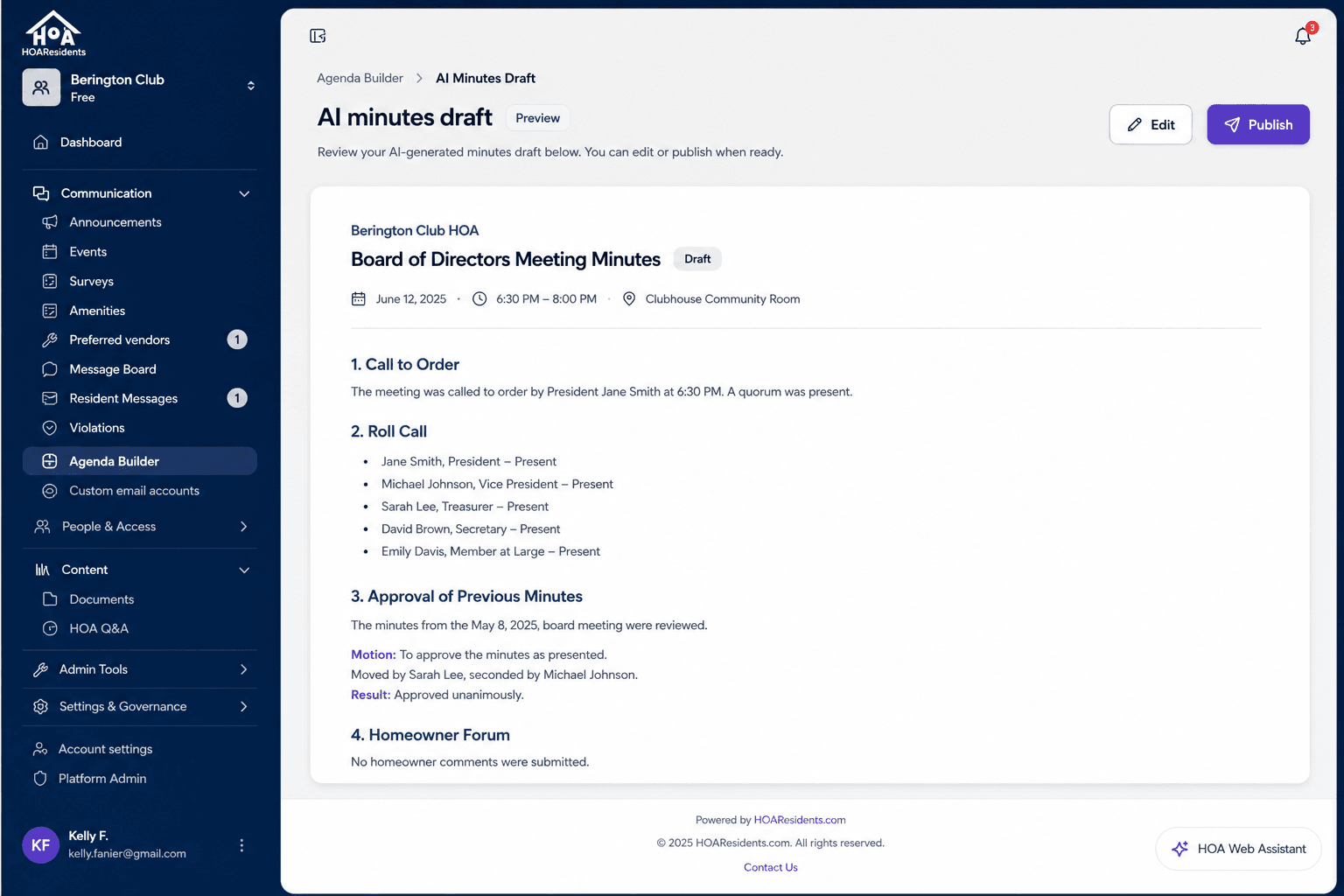 AI-generated meeting minutes draft ready to share