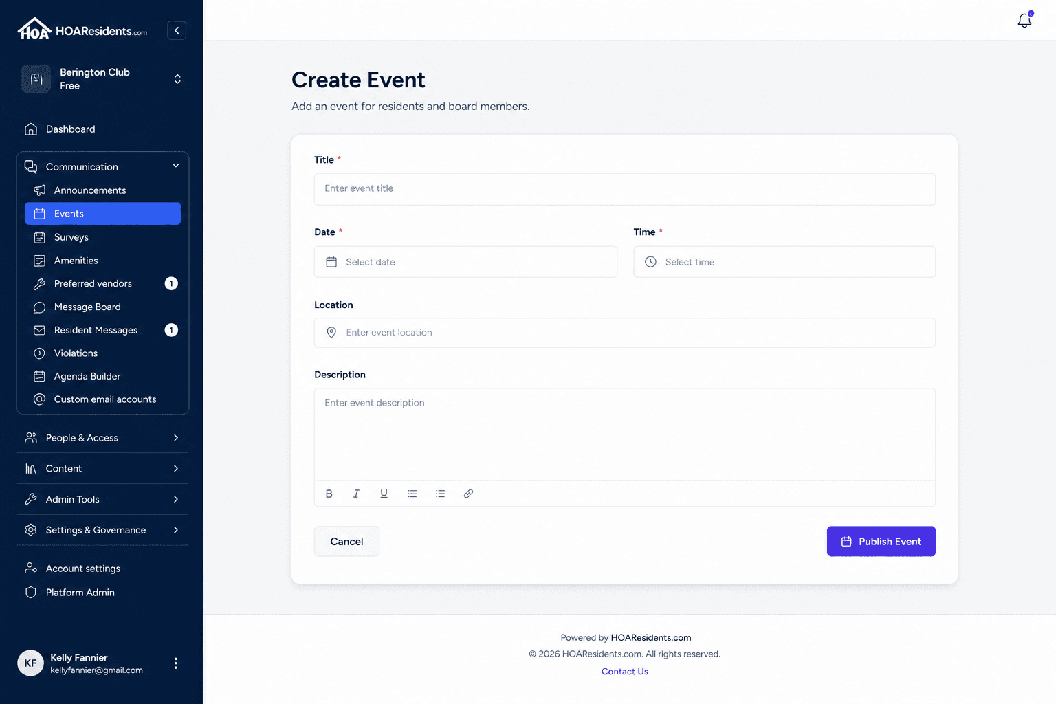 Board create event form with date time and description