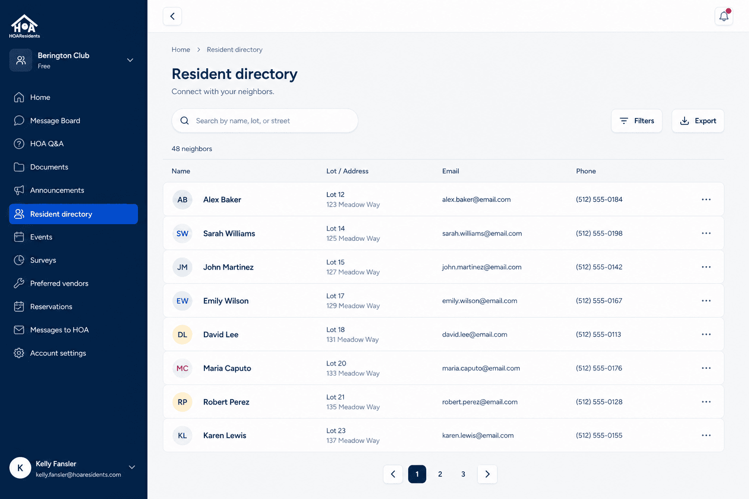 Resident directory list with names and contact preferences