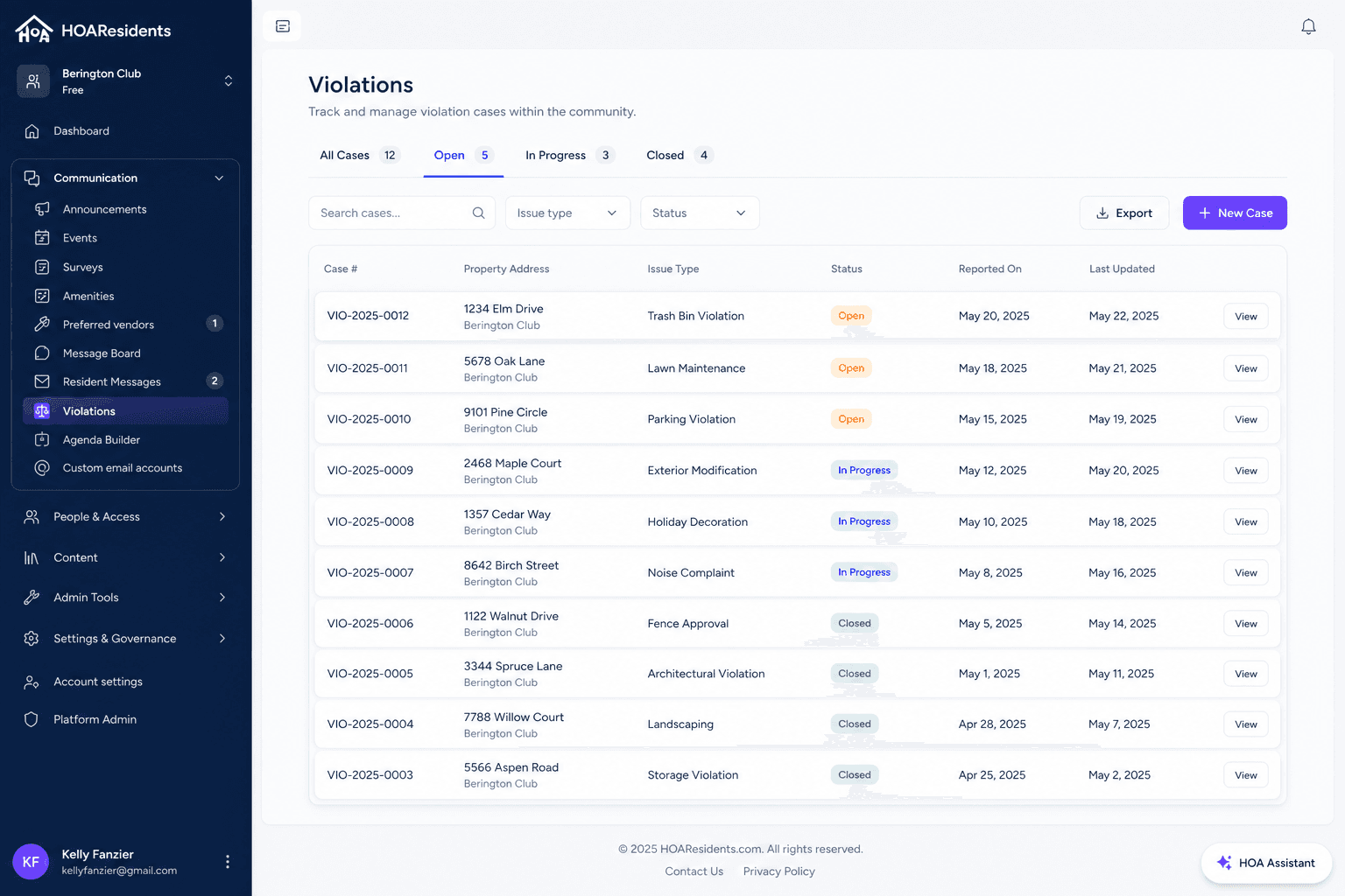 Violations case list with open and closed statuses