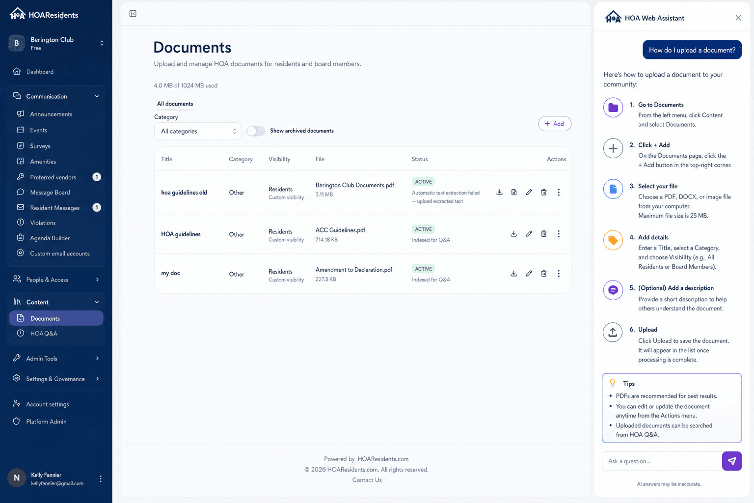 Web Assistant chat answering how to upload a document