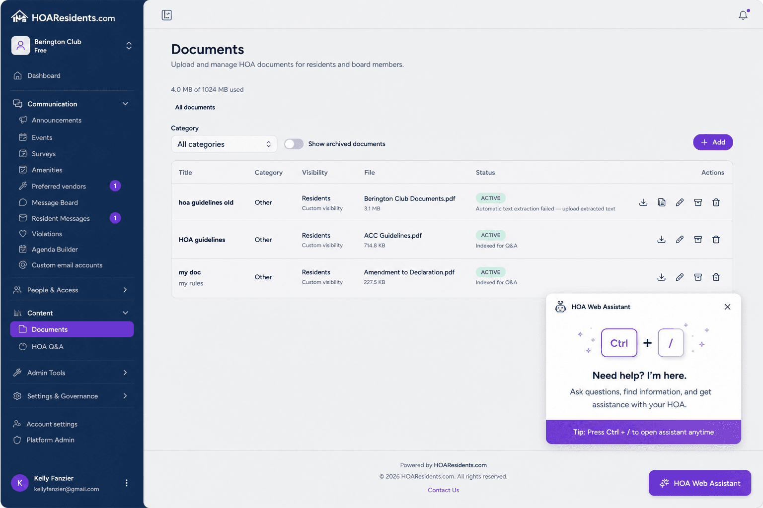 Keyboard shortcut tip for opening the HOA Web Assistant