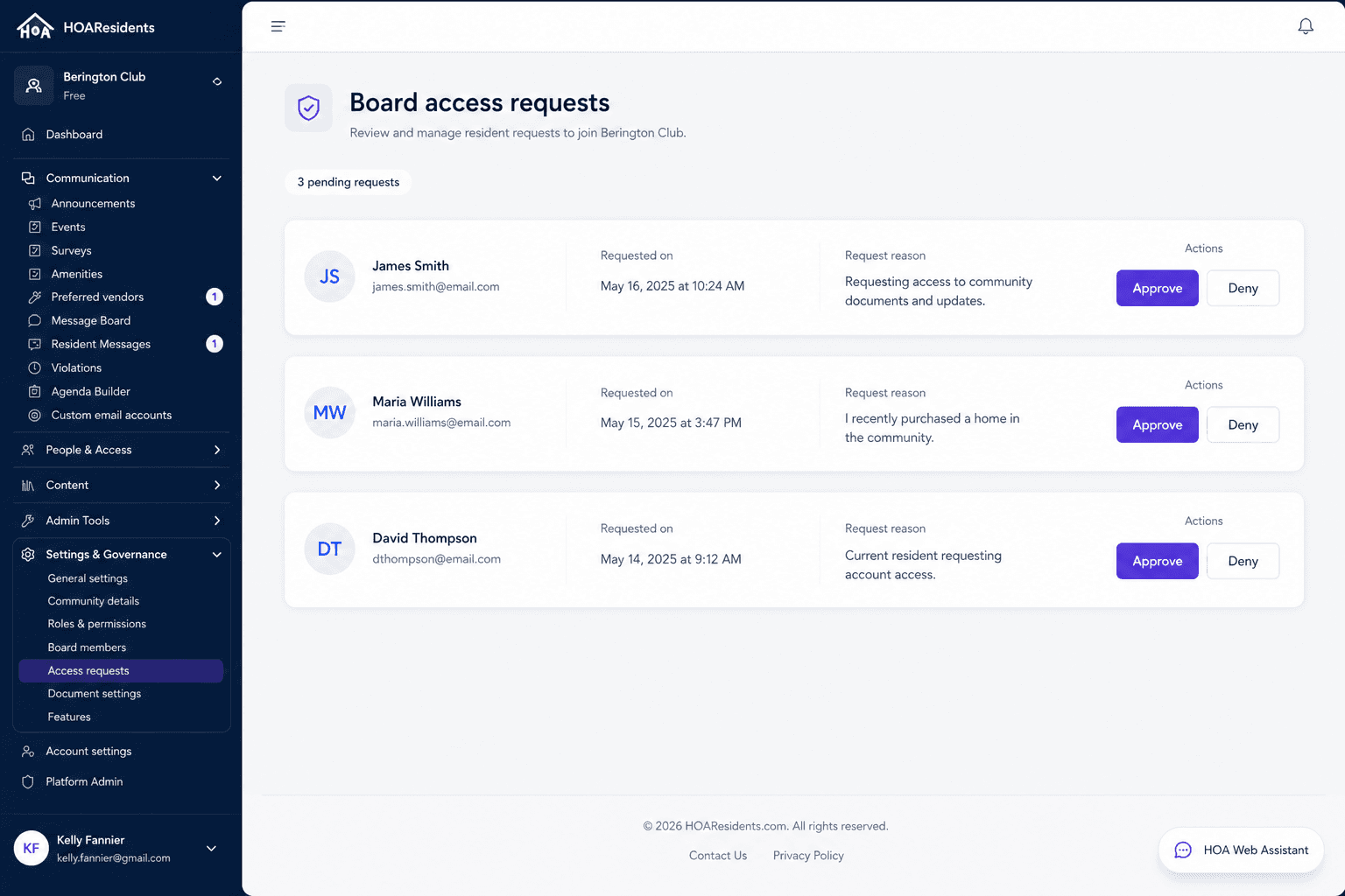 Board access requests queue with approve and deny actions